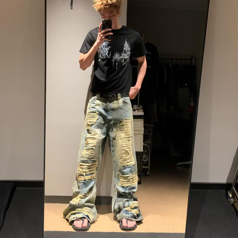 American high street retro washed old summer ripped jeans men's loose straight trendy brand ruffian handsome wide-leg pants