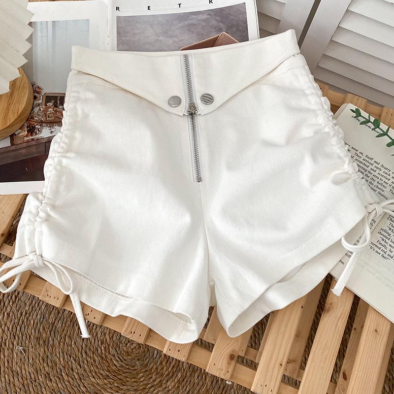 

Summer High-Waist Zipper Pleated Bodycon Shorts for Women XL белый