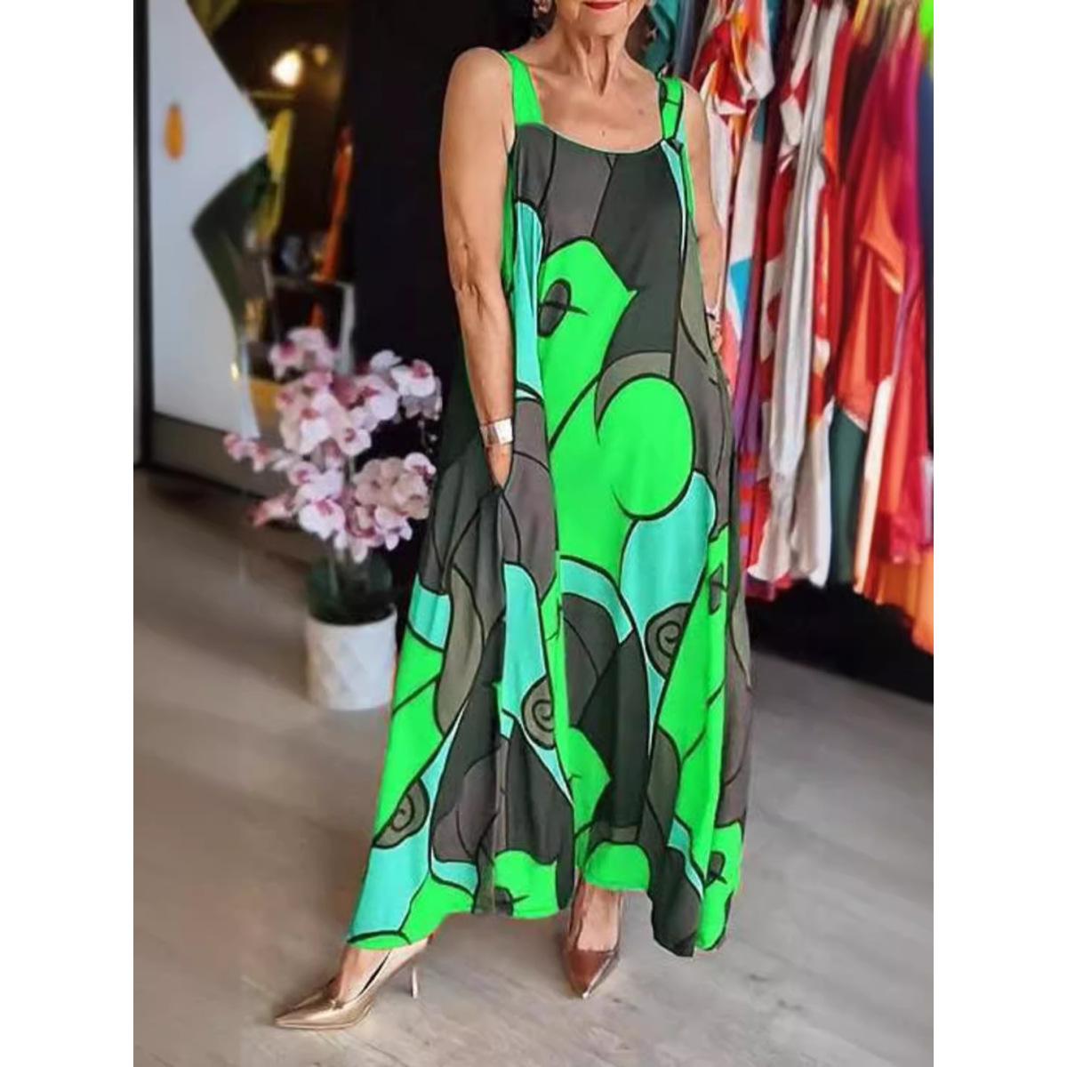 

Женское повседневное длинное платье без рукавов без рукавов с геометрическим принтом больших размеров и карманами 5XL