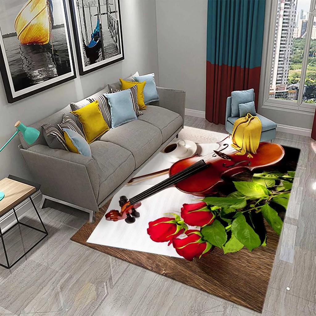 3D Violin Carpet Modern Music Flower Area Rug for Kitchen Bathroom Anti-Skid Rug Carpet Home Decor Living Room Bedroom Floor Rug