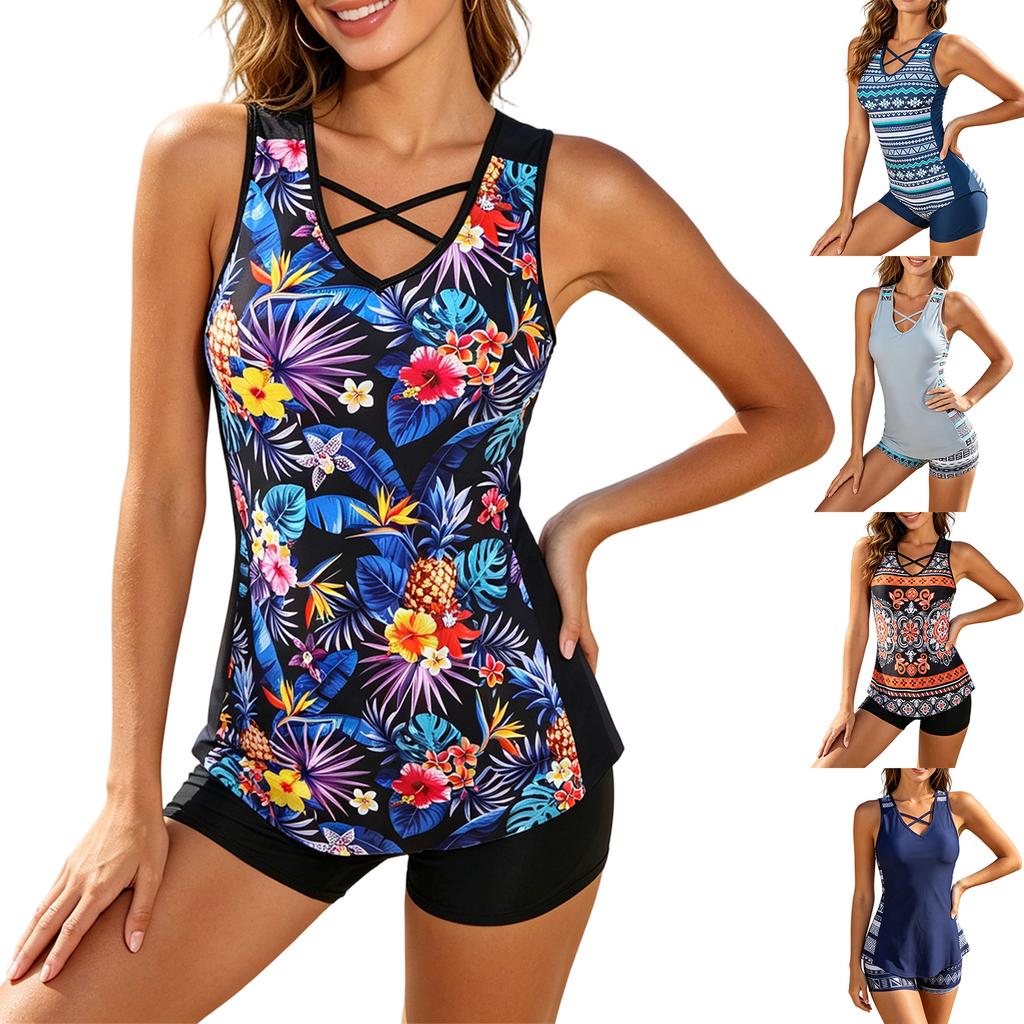 Women’s Quick Dry Tankini Set with Geometric Print Sleeveless Top and Shorts for Beach and Casual Wear