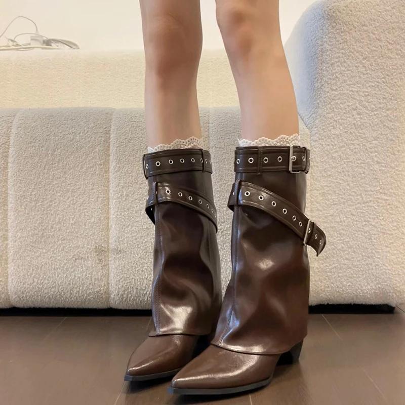 Fashion Pointed Toe Women Western Ankle Boots Elegant Thick Heels Shoes Laides Belt Buckle Short Booties Zapatos Mujer