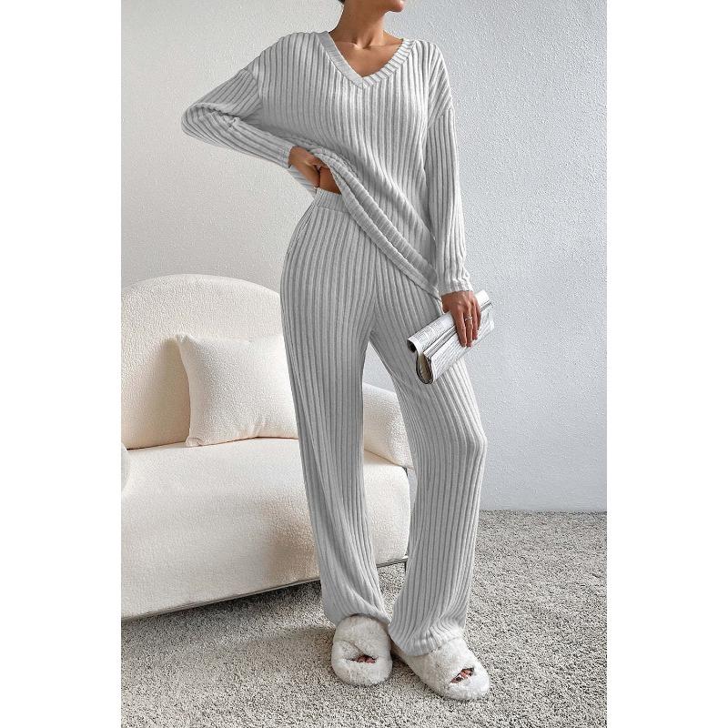 Autumn Fashion Casual Straight Leg Pants with Loose V-neck and Pit Stripe Knit Women's Two-piece Sets