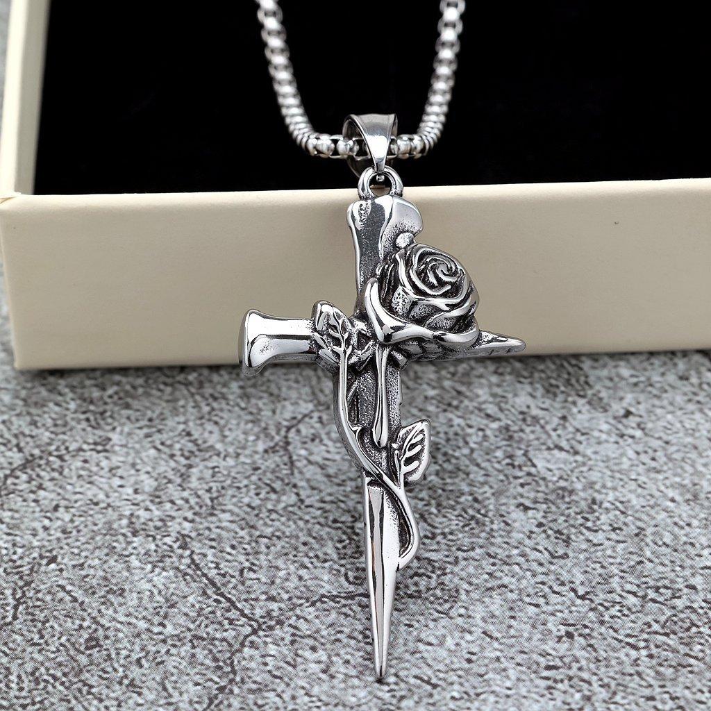 Vintage Stainless Steel Rose Cross Pendant Necklace Unisex Fashion Jewelry Charm
