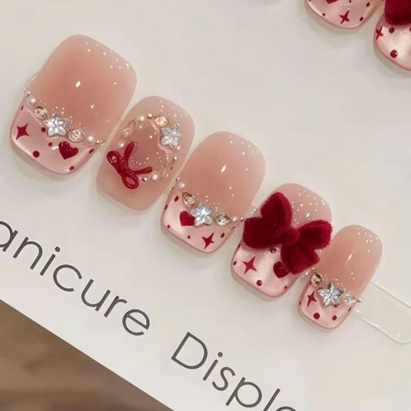 Handmade Christmas Red Velvet Bowknot & Skin-Brightening Nail Art M【with toolkit】For Plump Hands