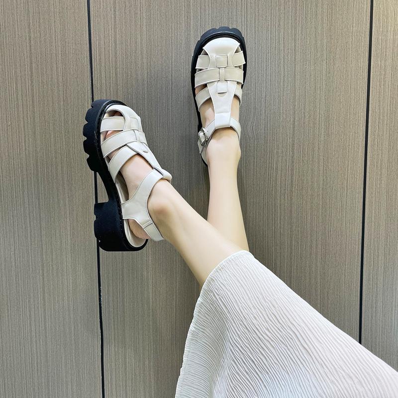 Leather Baotou Roman Sandals Women's High Heel 2025 New Platform Muffin Shoes Summer Hollow Heel Pig Cage Shoes