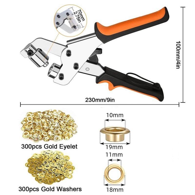Kit 300 Pezzi Occhielli Metallici 10mm con Strumento di Installazione e Pinza a Mano