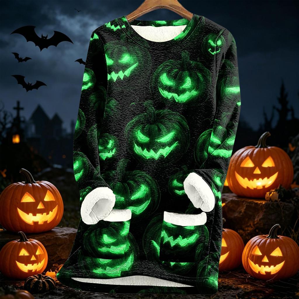 Womens Long Sleeve Fleece Lined Pullover Dress Halloween Pumpkin Print Thick Sherpa Sweatshirt Tunic for Fall Winter