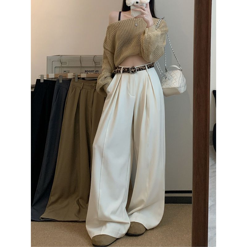 Kumikumi Stylish Minimalist Pure Color Suit Casual Pants Female Fall Loose Slim Looking Drooping Wide-Leg Pants Pants