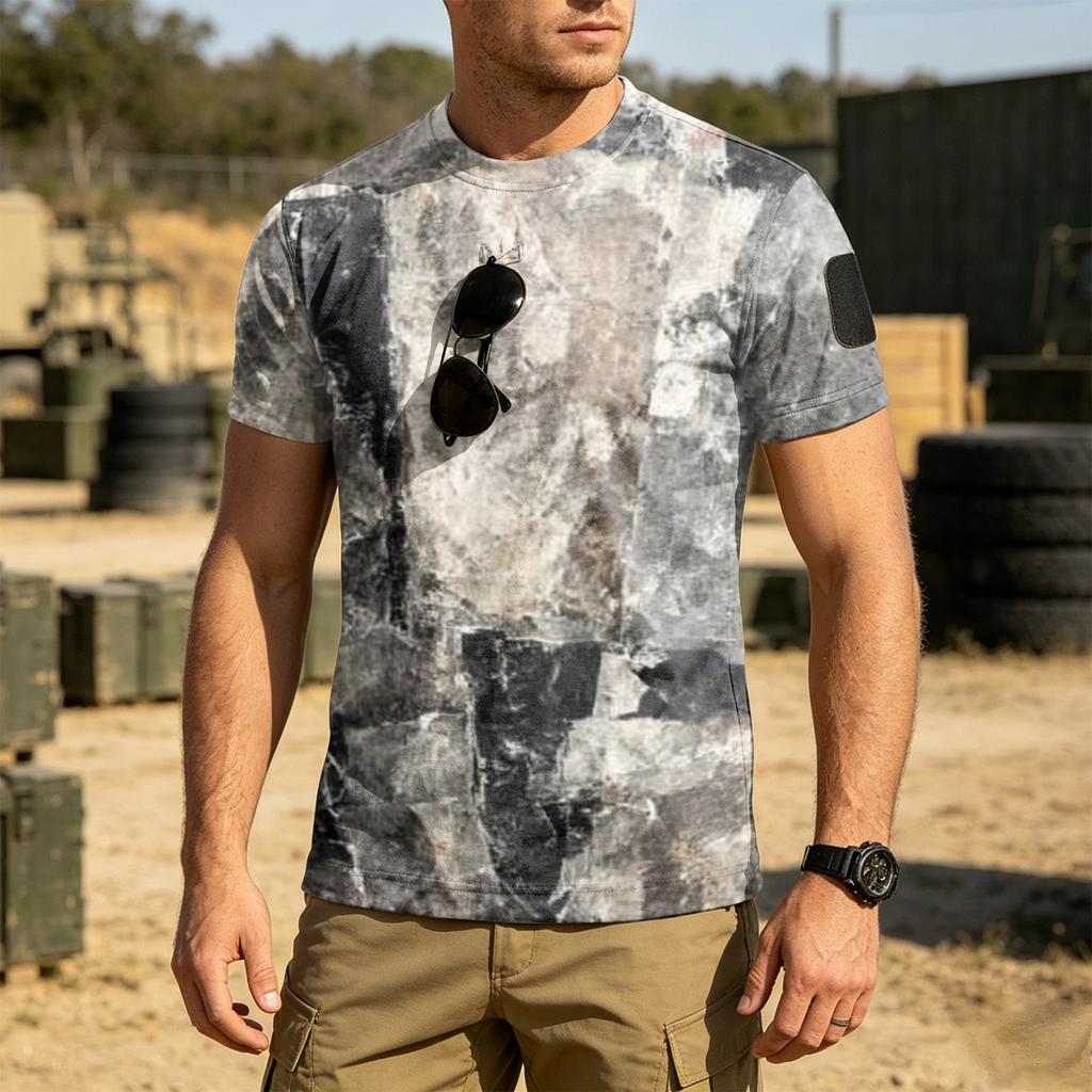 Men's Tactical Outdoor Quick Dry Short Sleeve T Shirt Loose Fit Breathable Crew Neck Camouflage Print with Hook and Loop Patch Area