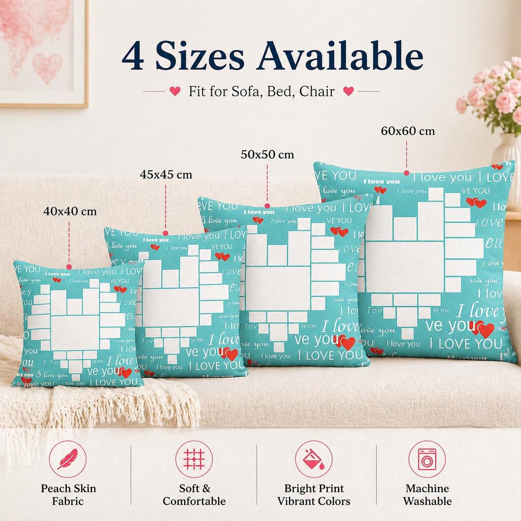 Custom Photo Pillow Cover Personalized Heart Collage Cushion Case Peach Skin 2D Flat Print For Valentine Gift Sofa Home Decor