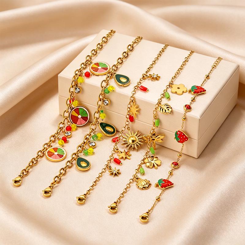 Stainless Steel Bracelet with 18K Gold-Plated Fruit Pendants and European Pastoral Charm