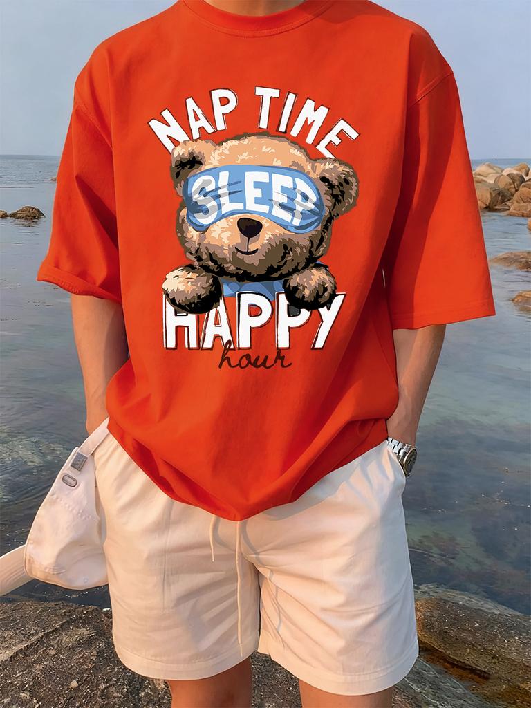 Cartoon Bear Nap Time Happy Prints TShirts Womens Cotton Summer Short Sleeve Tees Soft Loose ONeck Tops Casual Womans Clothes