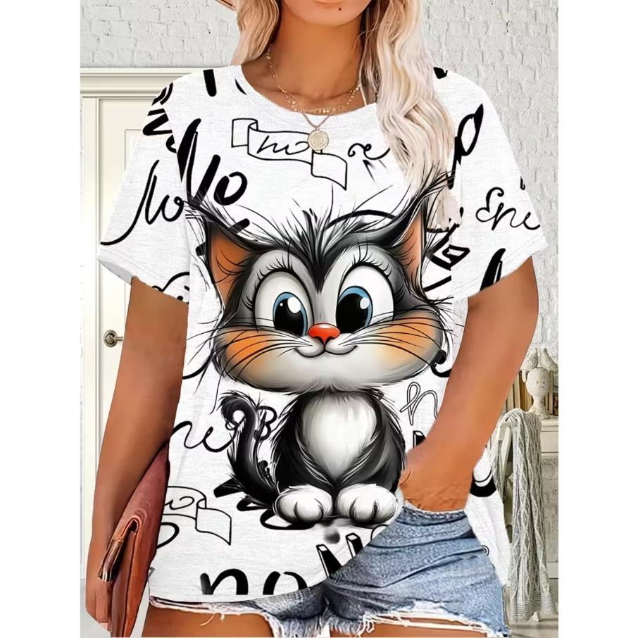 XL-7XL Plus Size Women's Men Cartoon Cat Casual 3D Print Loose V Neck Short Sleeved T-shirt Top