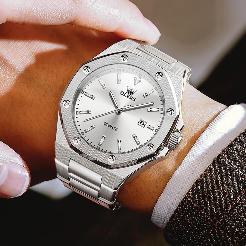 Octagonal Analog Quartz Olevs Stylish Stainless Steel Watch with Date Simple Suitable for and Job Large Metal Luminous Perfect As a Men's Watch,