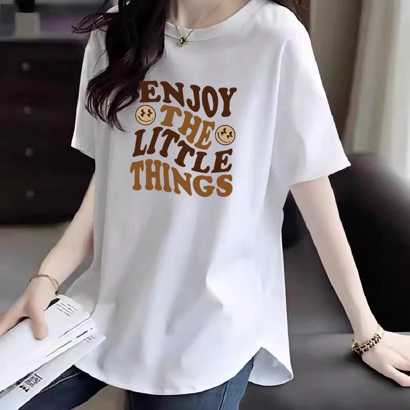 European Style White Printed Cotton Loose Fit T-Shirt for Women - Mid-Length, Over-Hip, Plus Size, Short Sleeve, Summer Trend