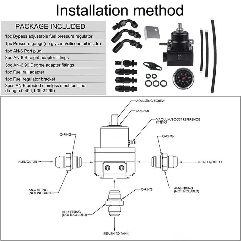 Universal Fuel Pressure Regulator Kit Car Fuel Pressure Regulator 100psi Adjustable Oil Gauge AN 6 Fitting End Oil Hose Fitting