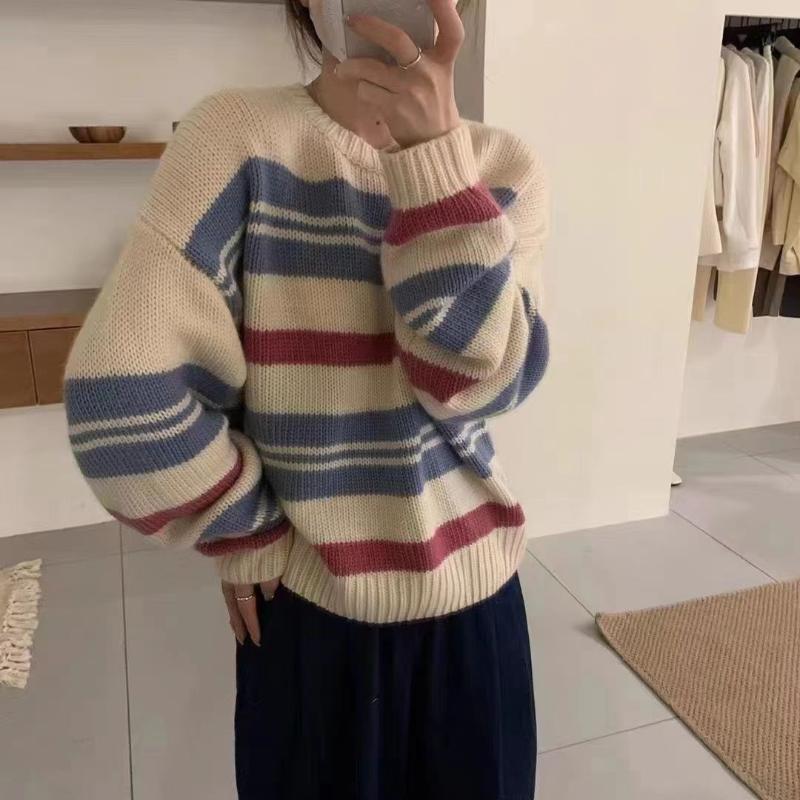 

Цветной контрастный полосатый вязаный пуловер для женщин, осенний свободный мягкий восковой наружный повседневный свитер с длинными рукавами и круглым вырезом