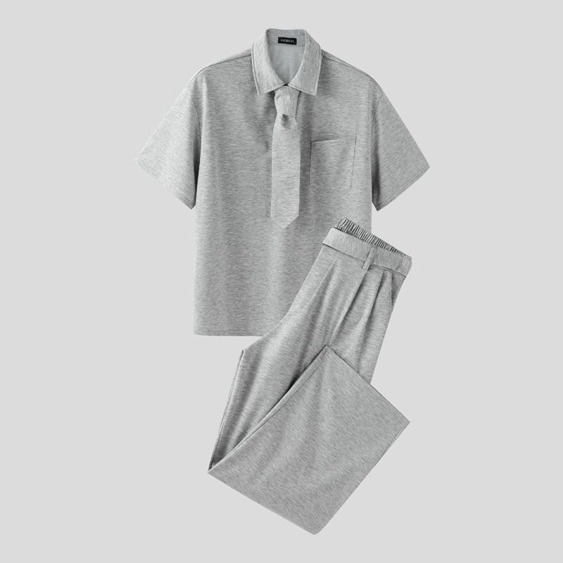 

INCERUN 2 ШТ. Мужские футболки с коротким рукавом и отложным воротником на завязках, комплекты длинных брюк 3XL