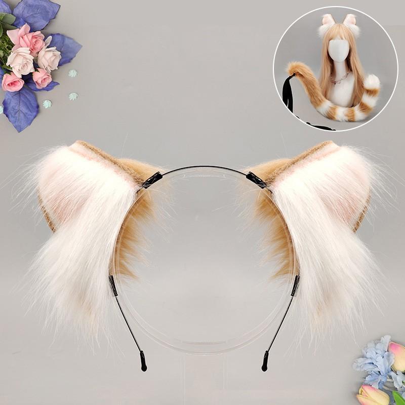 Set Bandă cu Urechi de Pisică din Blană Artificială și Coadă Handmade Accesoriu Costum Animal Kawaii Cosplay Convenție Anime