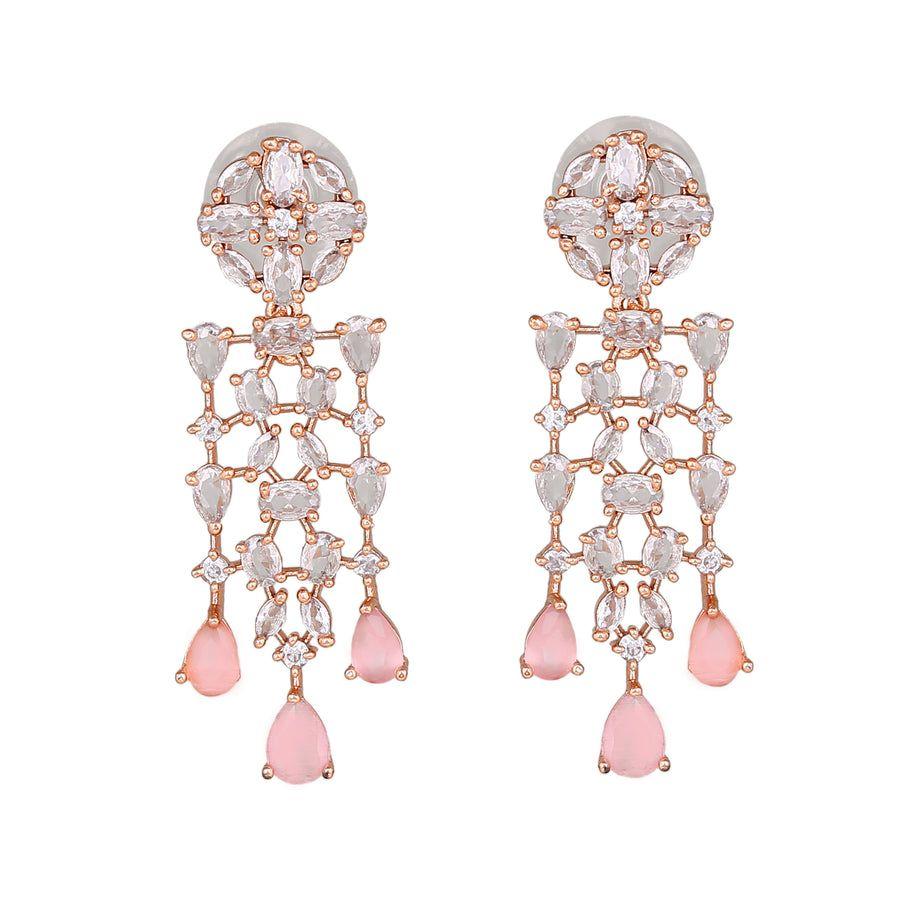 Estele Designer Rose Gold Earrings with Shiny CZ Streamers and Mint Pink Stones for Women