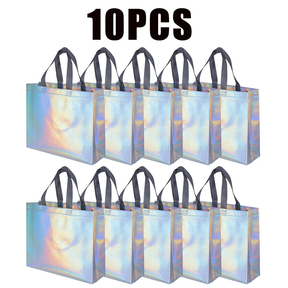 

Лазерная серебряная многоразовая подарочная сумка для продуктовых магазинов, подходит для подружек невесты, дня рождения, свадьбы, мальчишника S-32X27X10cm