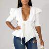 Deep V-neck Puff Half Sleeve Solid Color Women Coat Ruffle Hem Bowknot Bandage Peplum Blazer Workwear