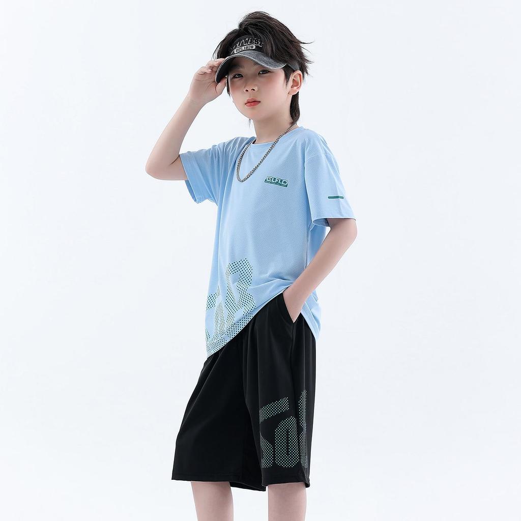 Boys' Ice Silk Summer 2026 Two-Piece Set: Short Sleeve T-shirt & Shorts for Middle and Older Children - Thin Style Sportswear.