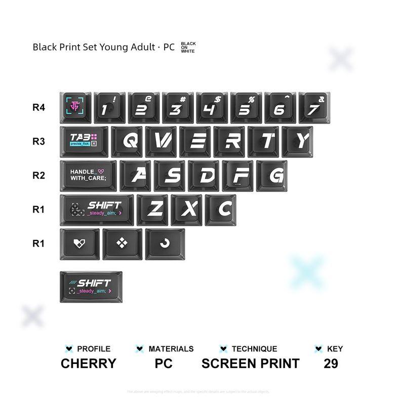 

Набор колпачков Titan Country Print для молодых людей, подходит для 60/65/67/68, сублимация, оригинальный, прозрачный сбоку ПК, малый полный набор Print set Young Adult black PC key cap