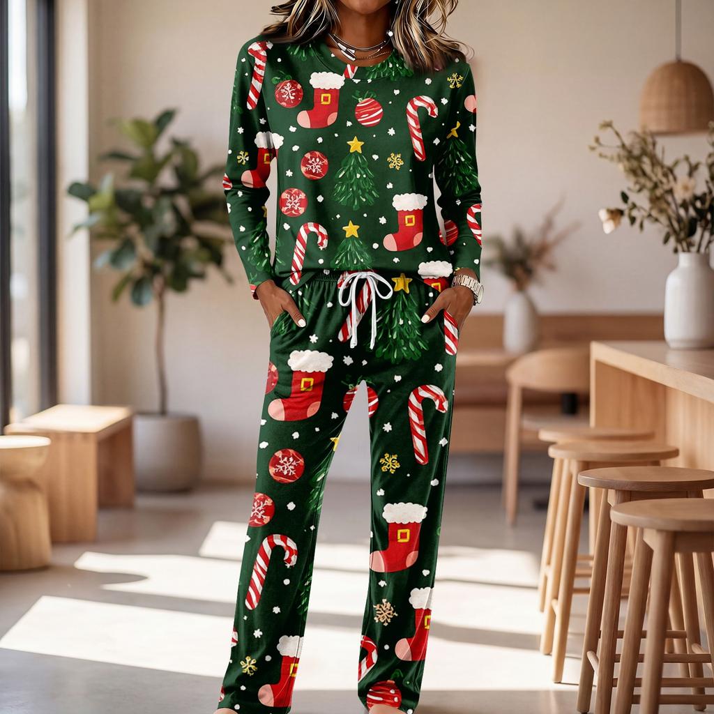 Casual Pajama Set with Long Sleeve Round Neck Top and Wide Leg Pants for Sleep and