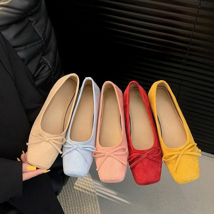 [Uncle Shoe] French small square head inner height increase ballet shoes women's 2025 new shallow mouth shoes bow