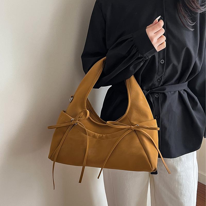 Cream Soft Shoulder Bag with Adjustable Drawstring Bows for Casual Daily or Trendy Urban Outings