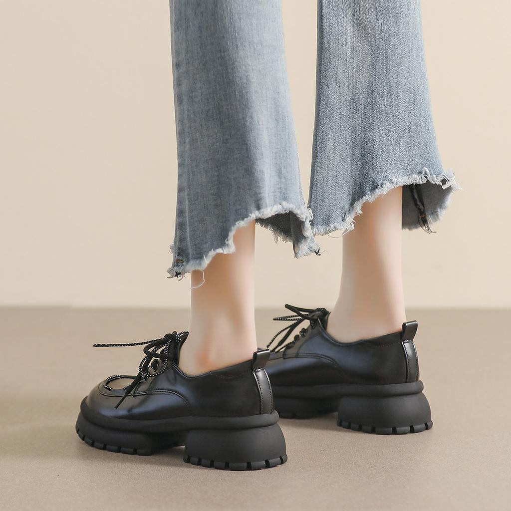 Thick Sole Loafers Women's College Style Retro Lace Up Small Leather Shoes Soft Sole Single Shoe Round Toe Platform Shoes Women