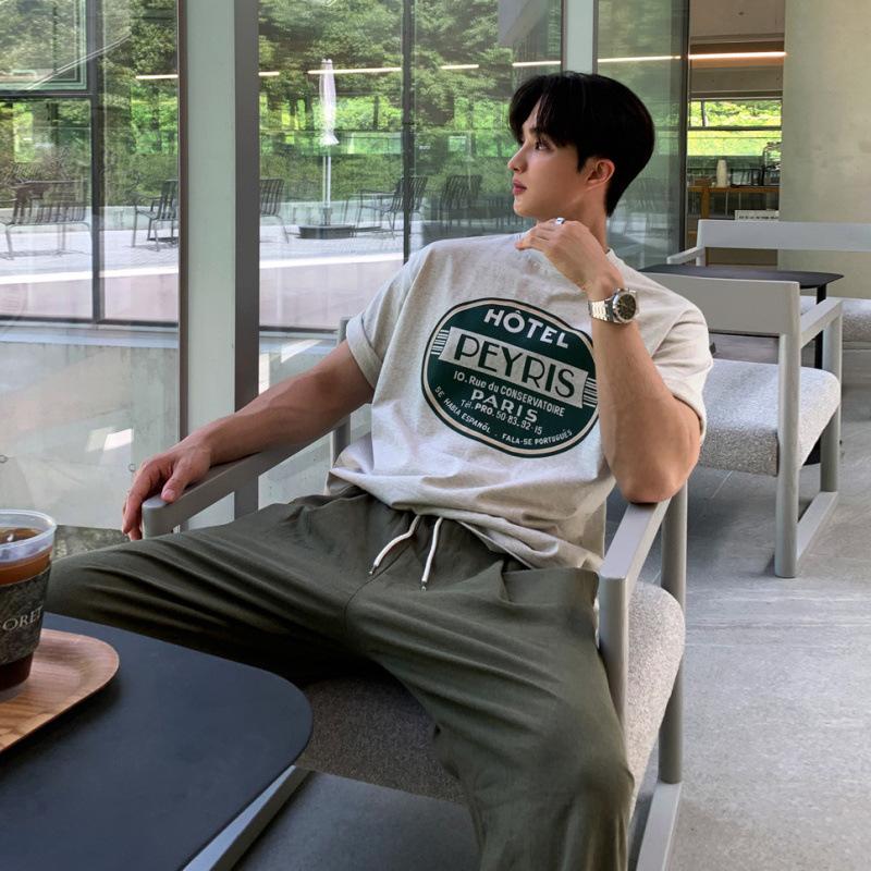 Myq American Retro Letter Print T-Shirt Men S Summer Loose Round Neck Short Sleeve Korean Commuter Style Half Sleeve Tide M серый