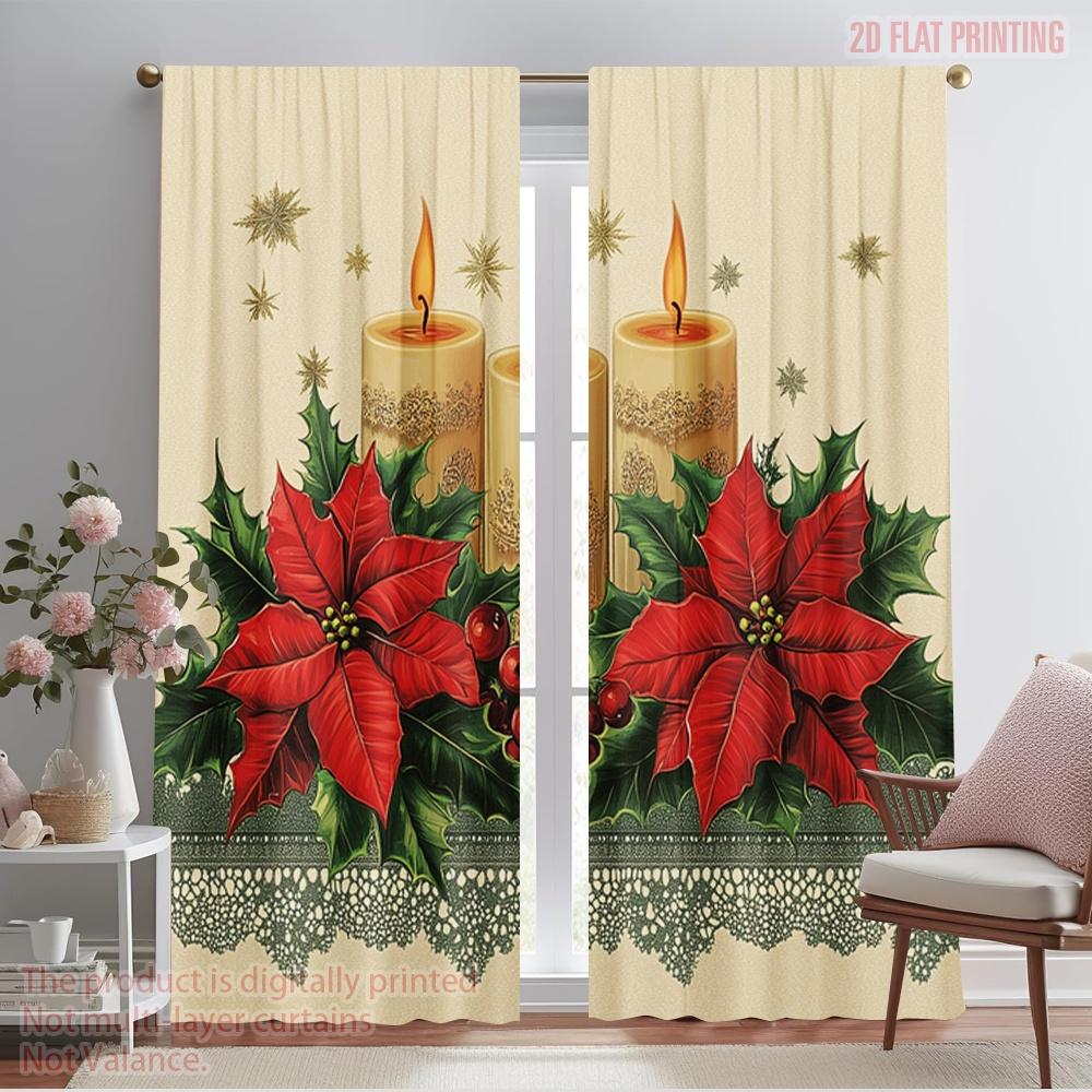 2pcs,2D Plane Printing Minimalist Curtains Christmas Candles Poinsettia Stars (2) Versatile Fabric (without Rod) Gifts for