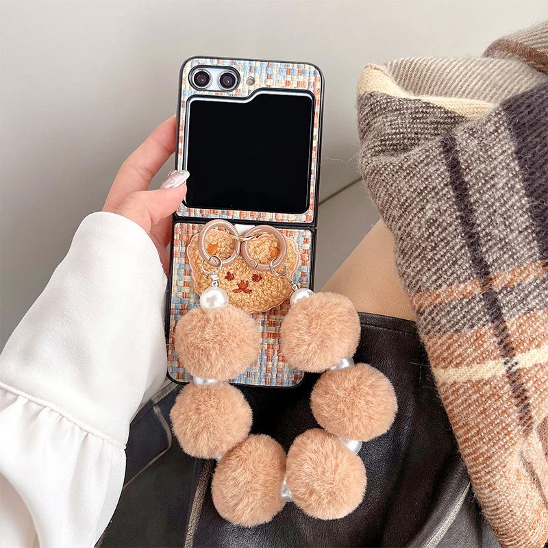 

For Samsung Zflip5 Mobile Phone Case for Huawei P50pocket Flip Folding Screen Plush Bear Portable Wristband For Samsung ZFlip3