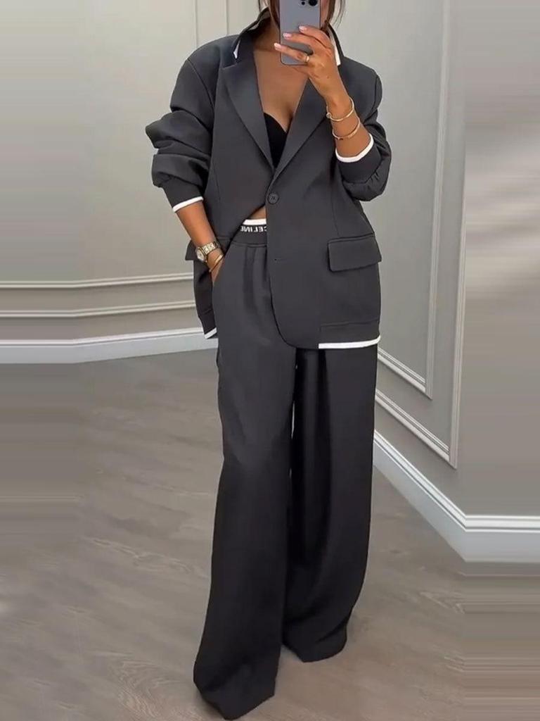 Women's Oversized Blazer Suit Set, Two Piece Wide Leg Pant Suit with White Trim