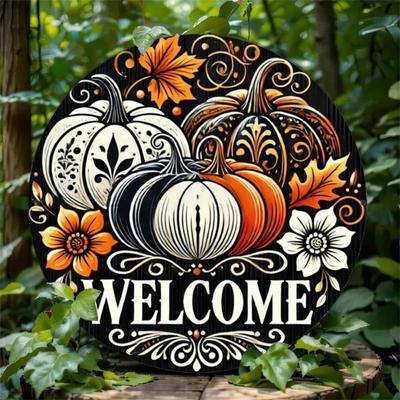 Round Metal Wall Poster Pumpkin Flower Wreath Rusty Halloween Decor for Cafe