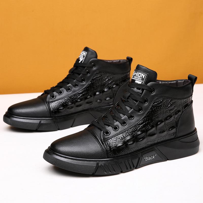 FashionCrocodile Pattern Male Sneakers Autumn/Winter Plush Leather Men Casual Shoes Business Work Office Lace-up Dress shoes For Men
