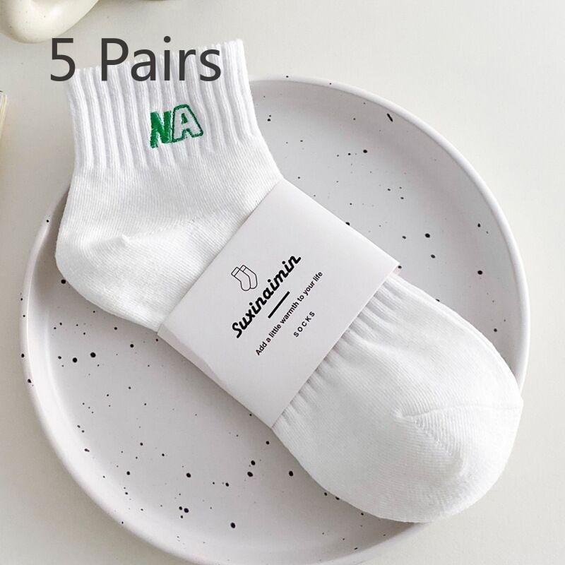 5 Paires de Chaussettes Courtes Printemps Été pour Femmes, Broderie, Couleur Unie, Lettre, Bateau