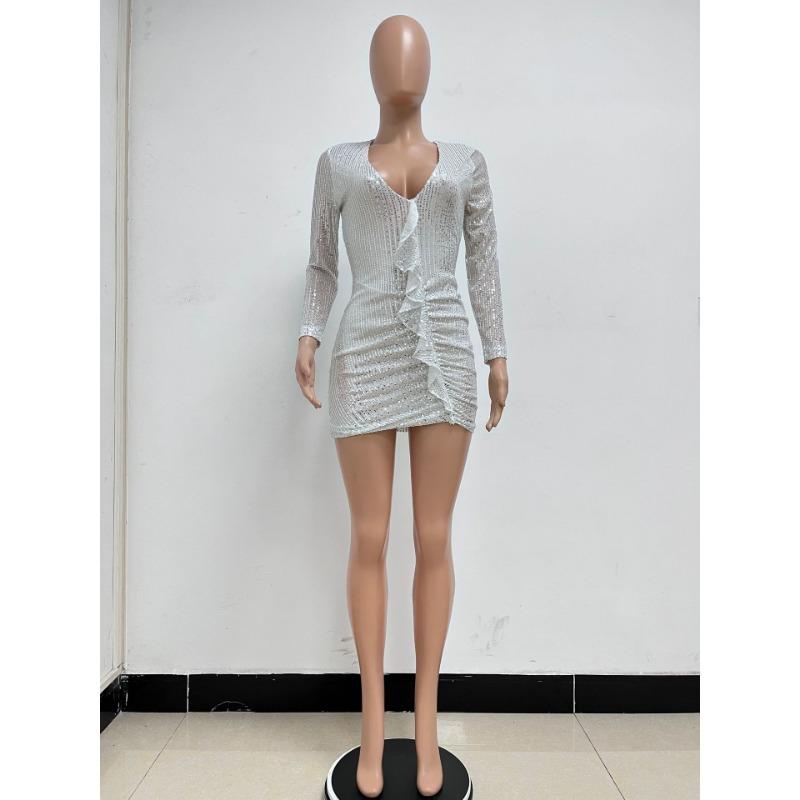 Sommer Damenkleid Französischer V-Ausschnitt Langärmeliges Kleid Rüschen Hüfte Paillettenkleid