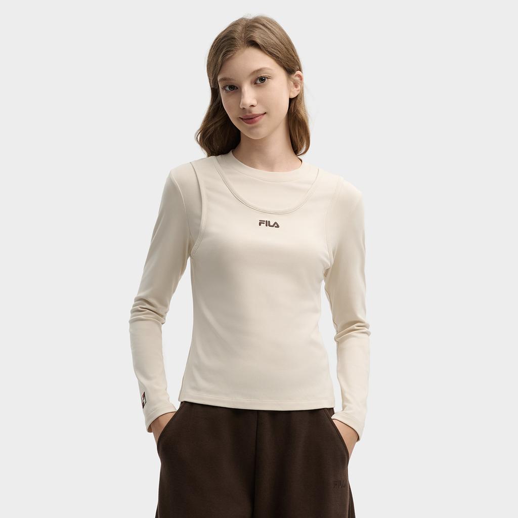 FILA Original Fashion Simple Classic Retro Sports Casual Versatile Comfortable Round Neck Slim Fit Long Sleeve T-Shirt Women tops Khaki F11W619214FBG