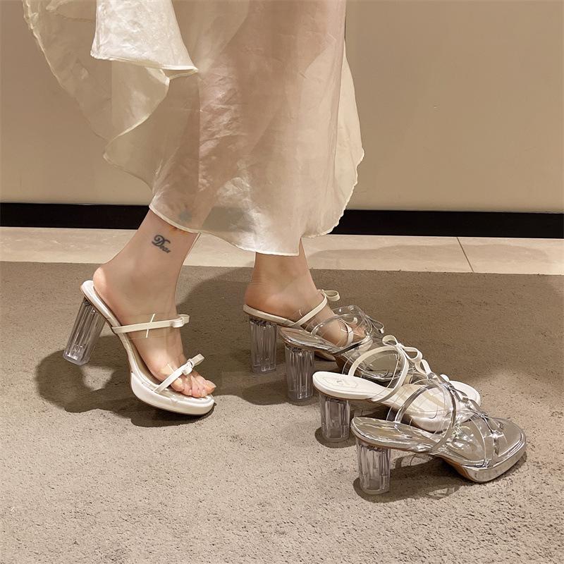 Drag Crystal Wear Cool Belt with Skirt Heel Sandals Women's Summer 2025 New One-word Waterproof Table Transparent High-heeled Slippers