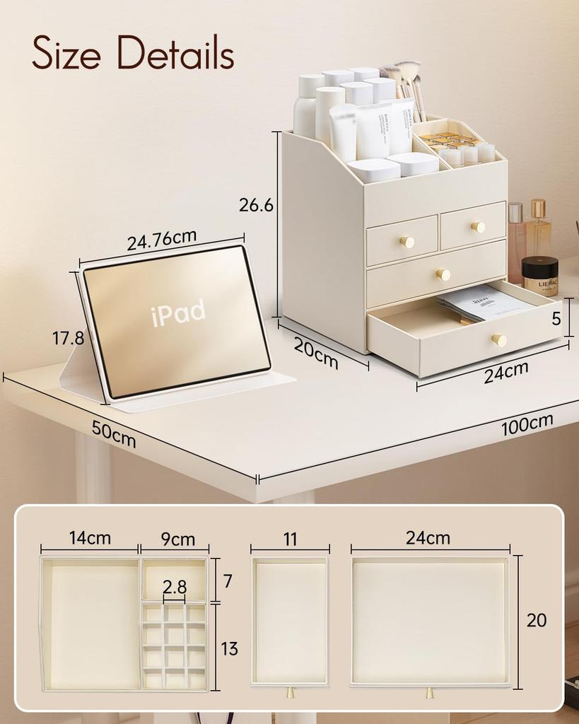Vlando Make-up Große Kosmetische Vier für Hautpflege Make-up Kosmetik Geburtstagsgeschenk für Frauen Box, Kapazität, Aufbewahrung, Schubladen, Produkte, Lippenstifte, Pinsel,