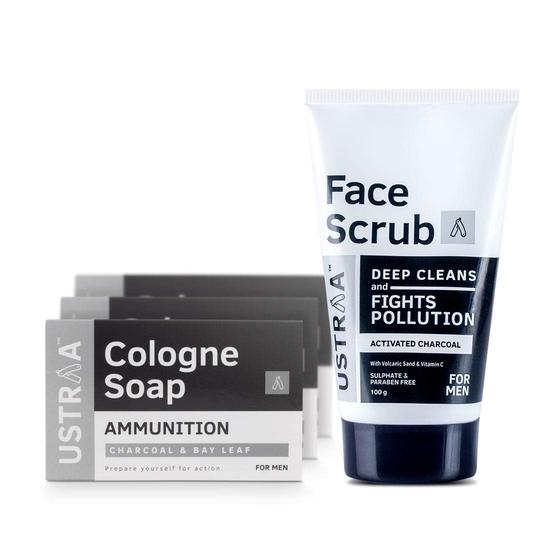 Ustraa Ammunition Cologne Soap with Charcoal & Bay Leaf, 3 x 125 gm (Pack of 3) & Face Scrub for Men - 100g - with Activated charcoal