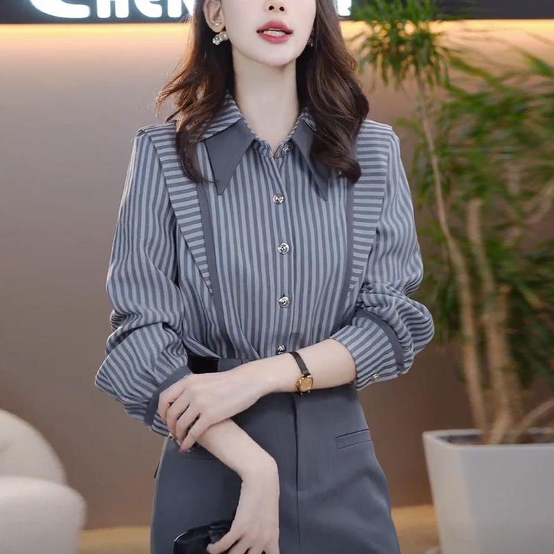 Elegant Age-Defying Striped Long-Sleeve Shirt for Women - Versatile Slimming Top for Spring & Autumn