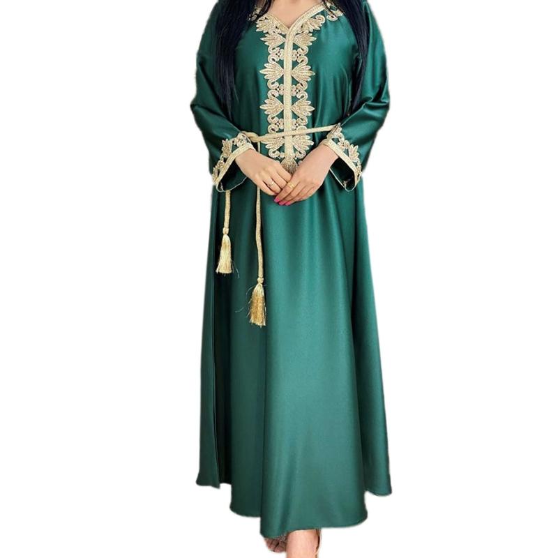 Ramadan Muslim Gold Embroidery Dresses Abayas Dubai Casual Kaftan Robe Ethnic Costumes with Long Sleeve for Womens