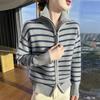 Women's Striped High Collar Double Zipper Sweater - Autumn/Winter Color Block Long Sleeve Top