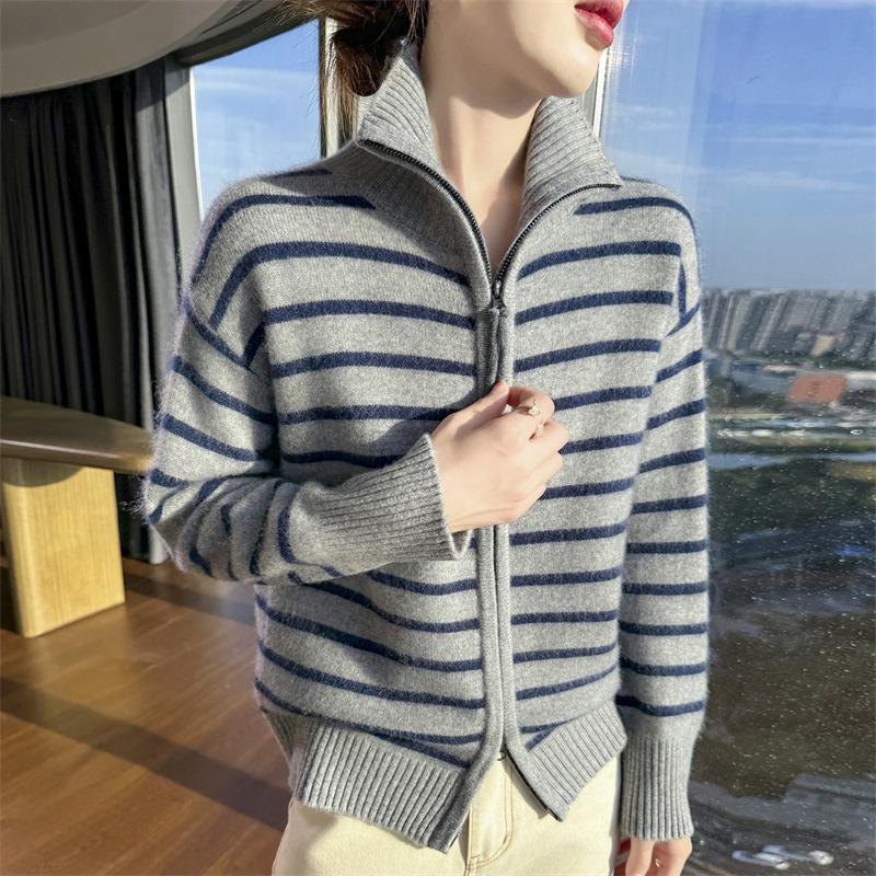 Women's Striped High Collar Double Zipper Sweater - Autumn/Winter Color Block Long Sleeve Top