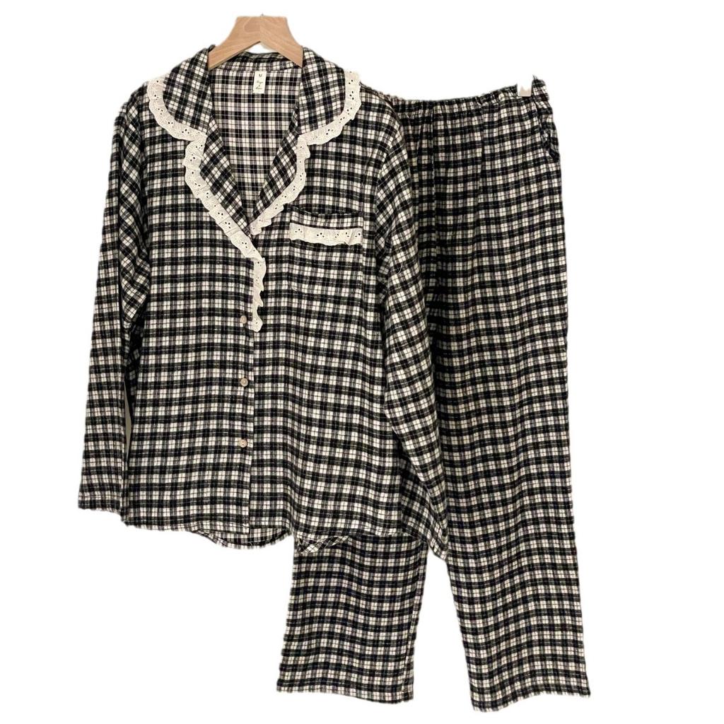 Korean ins style cotton polished couple plaid pajamas set loungewear 1011 new plaid